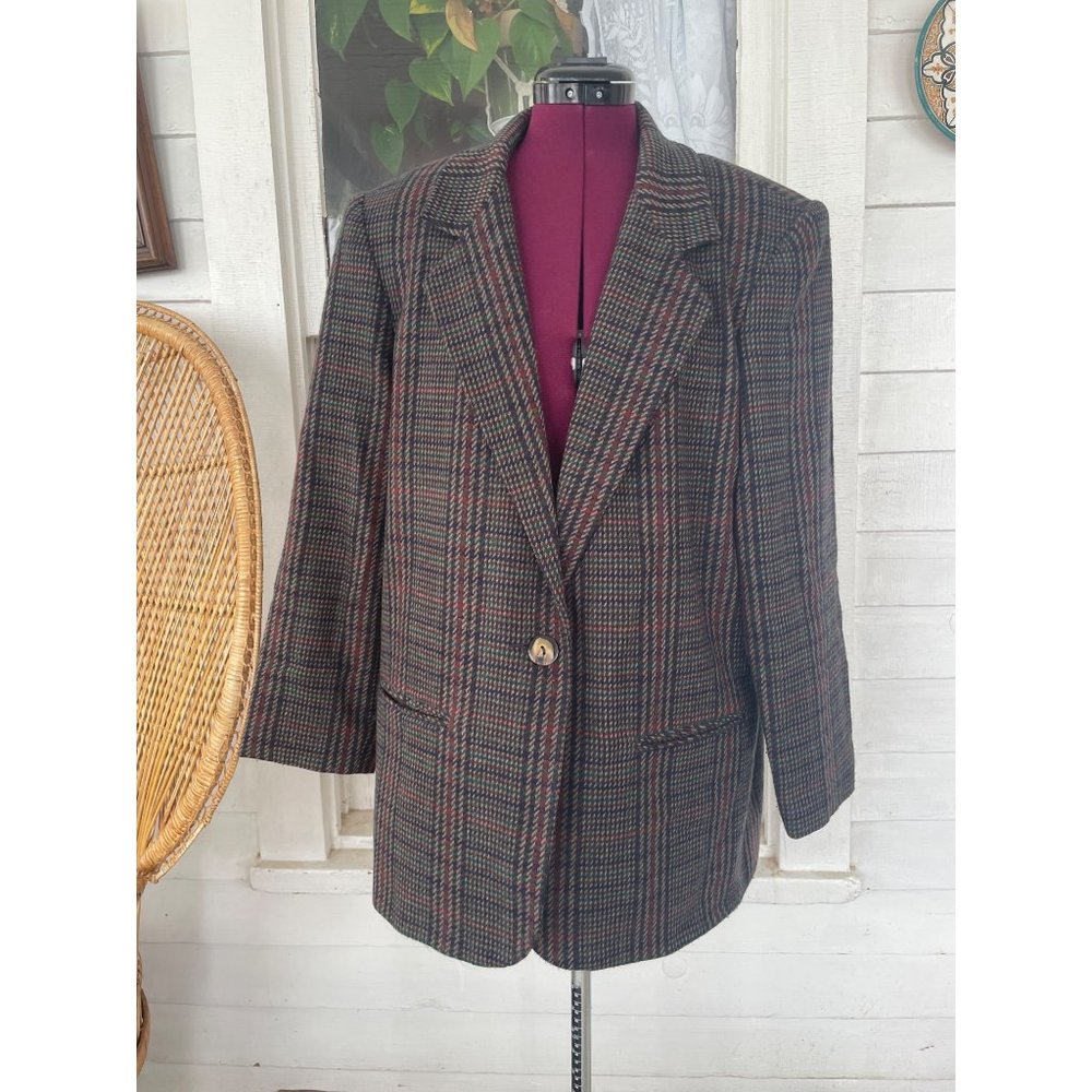 Vintage 1990s Hounds Tooth Plaid Wool Blend Womens Blazer 14 Petite - Picture 2 of 12